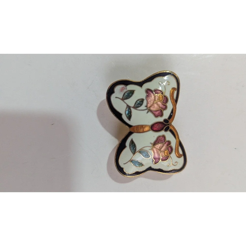 vtg Cloisonne Enamel Butterfly Scarf Clip Gold Tone Pink Rose Floral Accessory‎